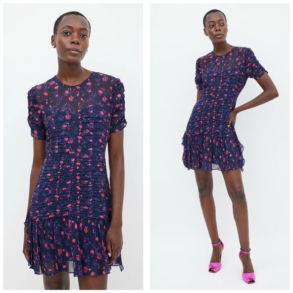 Tanya Taylor Falling Floral Carti Dress Size 10 Purple Silk Ruched Cocktail - Picture 1 of 12